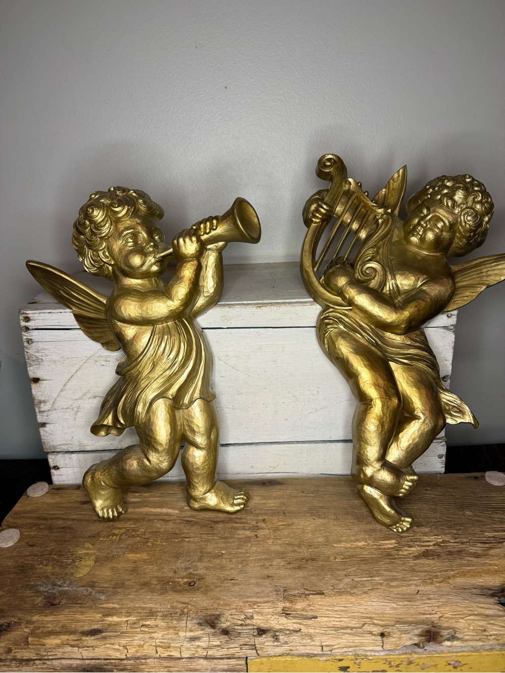 Vintage Syroco Gold Cherub Angel Pair Wall Art USA 4775 A B Large 16" Set Of 2
